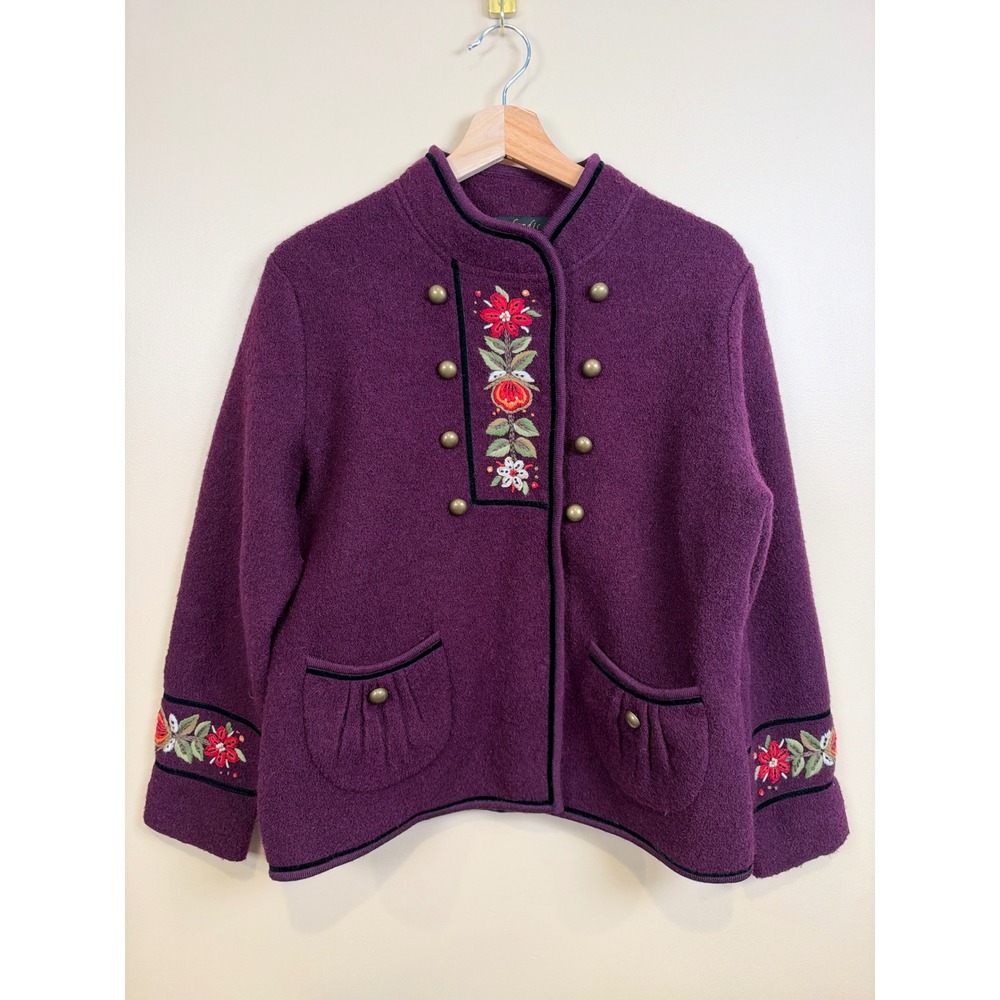 Icelandic Design Nordic Wool Jacket Womens M Purple Regular Floral Embroidered